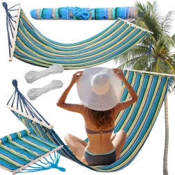 Záhradná hojdacia sieť s drevenou výstuhou 200 × 80 cm, pruhovaná, nosnosť 150 kg