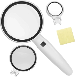 ručná lupa s LED osvetlením a vymeniteľnými šošovkami 3,5x/5x/11x