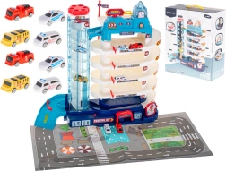 Poschodové parkovisko pre autíčka s elektrickým výťahom, 5 úrovní + herná podložka a 8 áut