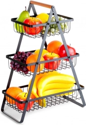 Trojposchodový kovový kôš na ovocie s drevenou rukoväťou, čierny