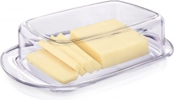 Priehľadná plastová maselnička s vekom 17,5 × 11,5 × 4,5 cm