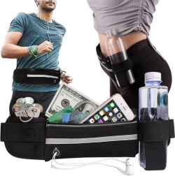 Bežecká ľadvinka s držiakom na fľašu, reflexným pásikom a priechodom na slúchadlá – čierna