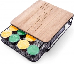 Organizér na kávové kapsuly, kovový čierny s drevenou doskou