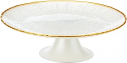 Sklenený stojan na tortu na nohe biely so zlatým lemom 21 cm