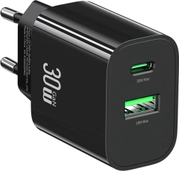 Sieťová nabíjačka 30 W s USB‑C a USB‑A, rýchle nabíjanie, čierna USAMS