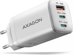 sieťová nabíjačka AXAGON GaN 65W, 3 porty (USB‑A + dual USB‑C) PD 3.0/QC 4+/PPS, biela