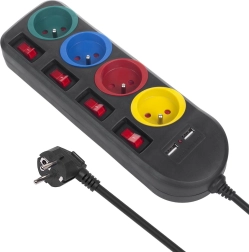 Rozbočovač zásuvky s vypínačmi 4 zásuvky + 2xUSB čierna