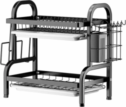 Veľký dvojposchodový odkvapkávač na riad, čierny