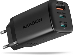 sieťová nabíjačka AXAGON GaN 65W, 3 porty (USB-A + 2× USB-C), PD 3.0/QC 4+, PPS, čierna