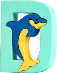 Drevené písmenko D s delfínom – vzdelávacia vkladačka