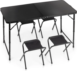 Vilde skladací turistický stôl so 4 stoličkami, čierny, 120 × 60 cm