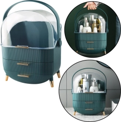 Organizér na kozmetiku s priehľadným vekom a dvoma zásuvkami zelený