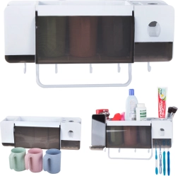 Nástenný organizér na zubné kefky s dávkovačom pasty a 3 pohárikmi, biely