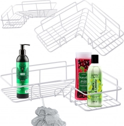 Rohová sprchová polička do kúpeľne s háčikmi, samolepiaca, biela