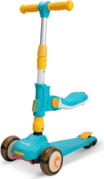 Detská kolobežka so sedadlom, modro‑žltá, svietiace kolieska