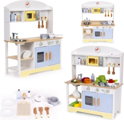 Drevená detská kuchynka s rúrou, práčkou a mikrovlnkou ECOTOYS – 12 doplnkov