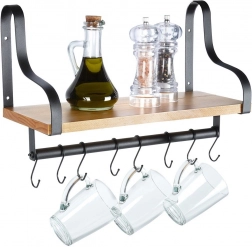 Nástenná polica s relingom a háčikmi z dreva 43 × 18 × 26 cm