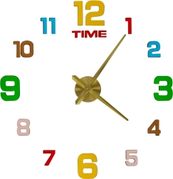 Nástenné samolepiace hodiny DIY 80–90 cm, zlaté ručičky, farebné číslice