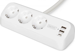 Stolová predlžovacia prepäťová lišta so svorkou, 3 zásuvky schuko, 2× usb‑a 12 w, 1× usb‑c 30 w, kábel 1,5 m, biela