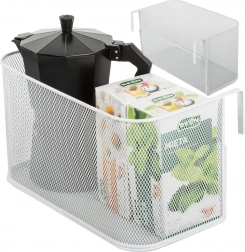 Kovový závesný kôš z drôtenej sieťoviny na koľajnici a dvere – biely organizér