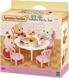 Sylvanian Families stôl, stoličky a sladkosti – čajový set pre figúrky