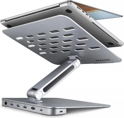 Axagon HMC-STND hliníkový 7v1 USB-C hub so stojanom pre notebooky 10–16", HDMI 4K/60 Hz, 3x USB-A, GLAN, PD 100 W, 60 cm kábel