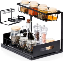 Dvojposchodová kuchynská polička s výsuvnou zásuvkou, kovová, čierna 36 × 27 × 28,5 cm