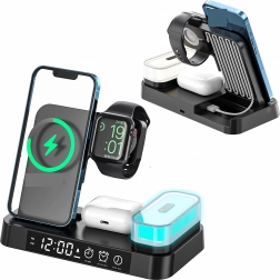 Bezdrôtová nabíjacia stanica 4v1 s hodinami a nočnou lampičkou 15 W pre Qi, iPhone, Apple Watch a AirPods