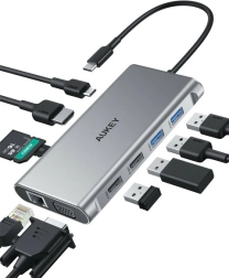 Hliníkový USB‑C hub 10v1 s Ethernetom, HDMI 4K, VGA, čítačkou kariet a PD 100 W AUKEY