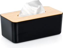 Čierny zásobník na papierové vreckovky s bambusovým vekom 24 × 13 × 9,5 cm
