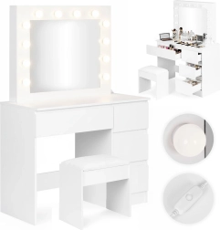 Toaletný stolík s LED zrkadlom a 4 zásuvkami so stoličkou ModernHome