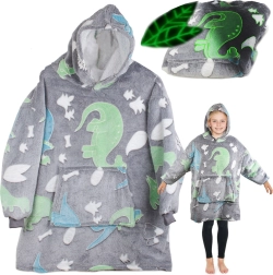 svietiaca detská deka s kapucňou 2v1 – sivá s dinosaurami