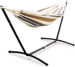 béžovo‑hnedá záhradná hojdacia sieť so samostatným stojanom