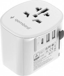 Uzemnený univerzálny cestovný adaptér 15 W s 3× USB, biely