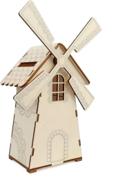 Drevená pokladnička v tvare mlynu so svetlom