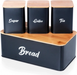 Čierny kovový chlebník s bambusovým vekom a sada dóz na cukor, kávu a čaj 4 ks