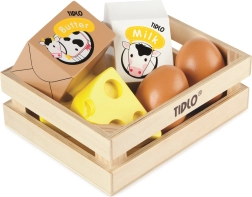 Tidlo drevená debnička s mliečnymi výrobkami a vajcami