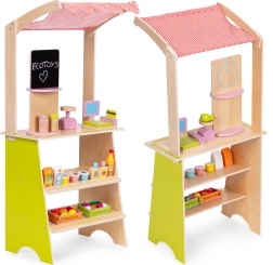 Drevený detský trhový stánok s terminálom a váhou ECOTOYS, 20 dielov
