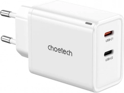 Choetech GaN sieťová nabíjačka 65 W, 2× USB‑C (biela)