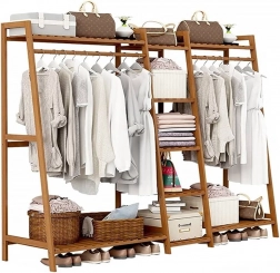 Dvojitý bambusový vešiak na oblečenie s 5 policami – dĺžka 160 cm.