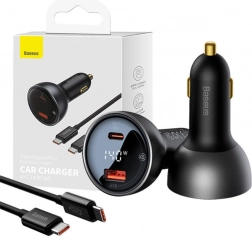 Autonabíjačka Baseus Superme s displejom, USB‑C + USB, 140 W, čierna