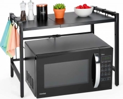 Kuchynská nastaviteľná polica nad mikrovlnnú rúru s háčikmi, kovová