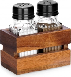 Soľnička a korenička so stojanom, 3-dielna sada, sklo a drevo