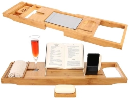 Bambusová vaňová polica Domáce spa – rozťahovací podnos na vaňu