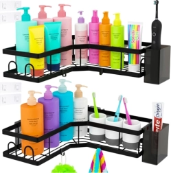 Rohové kúpeľňové police bez vŕtania RUHHY, sada 2 ks, čierne