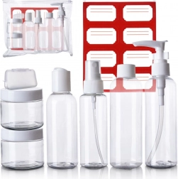 Cestovné fľaštičky a dózy na kozmetiku do lietadla v puzdre, 8‑dielna sada