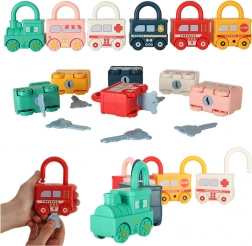 Montessori sada zamykacích autíčok s kľúčikmi – vláčik a vozidlá, 13 dielov
