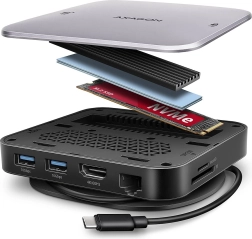 AXAGON viacportový USB‑C hub 9v1 s M.2 NVMe/SATA, HDMI 4K/60 Hz, PD 100 W, GLAN a čítačkou kariet