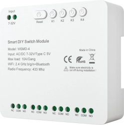 Šikovný štvor-kanálový spínací modul pre kutilov AVATTO 7–32 V s Wi‑Fi, Bluetooth a RF 433 MHz