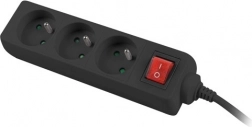 Predlžovací prívod, 3 zásuvky s vypínačom, 3 m, čierny, medený kábel